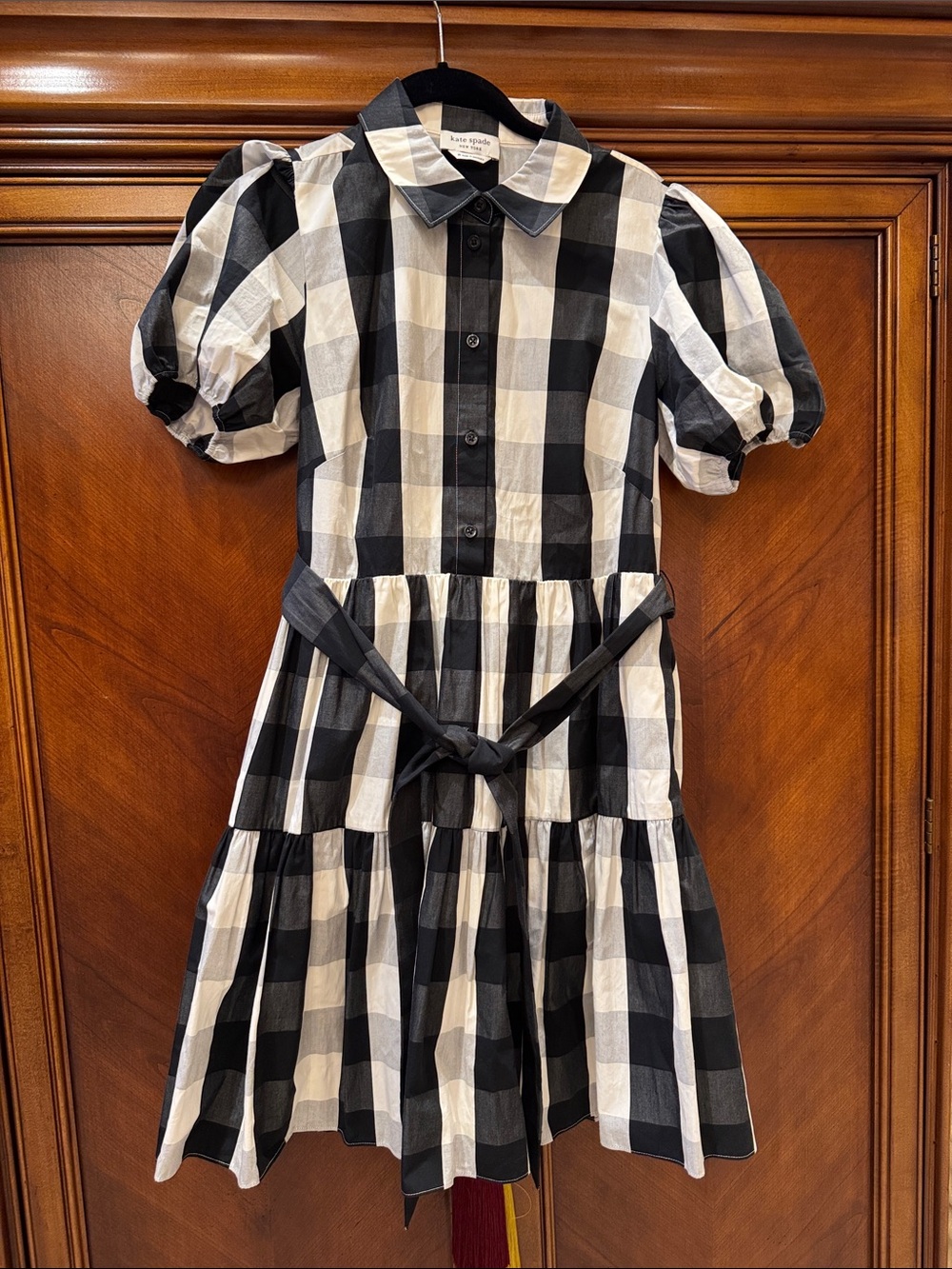 kate spade Black and White Gingham Puff Sleeve Dress with Waist Tie